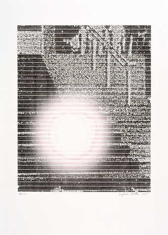 A black and white image of a staircase with a large circular light refelction.