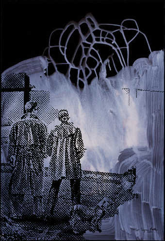 An image of a man and woman standing along a fence with their backs to the viewer.  A large...