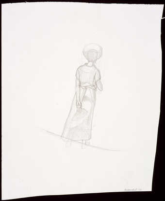 An image of a standing female figure with her back to the viewer
