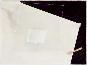 A drawing on an interior, a lightbulb, and geometric forms, a wooden spoon is attached to the...