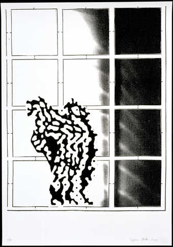 An abstracte black and white form in front of a 12 pane window.