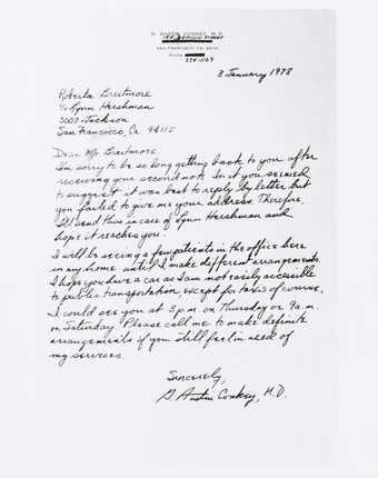 Photograph of letter to Roberta regarding making a doctor's appointment. From G. Austin...