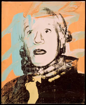 Portrait of Warhol with two hands clenched around his neck.