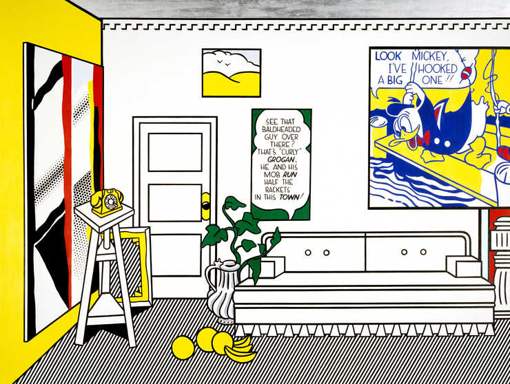 Room interior with Lichenstein paintings on the wall;
