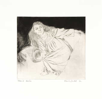 An image of a reclinin woman, wearing a nightgown.