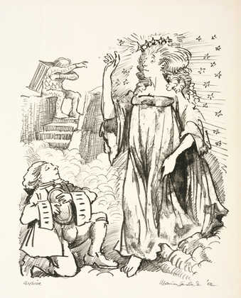 An image of a man on one knee looking up at a standing woman, who has one arm raised.