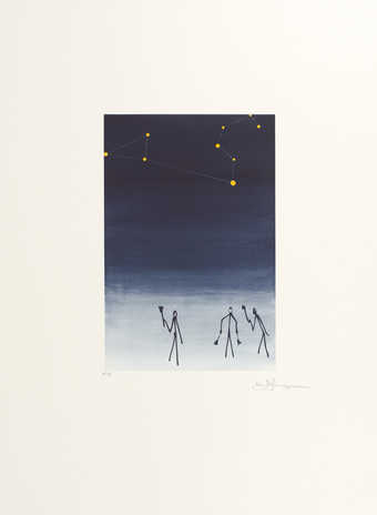 An image of stick figures under the night sky.  In the sky the constellation of Leo is...