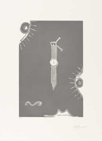 An image of a wristwatch suspended from nails and eye-like images reminiscent of Picasso.