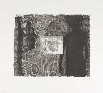 A black and white image with multiple layers of imagery.