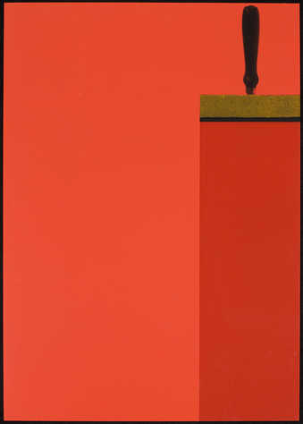 A sheet of red acrylic, printed with translucent ink except for one column directly above an...