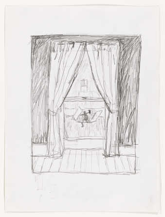 A drawing of an interior window, through which a figure yielding an ax is visible emerging from a...