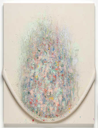 An abstract composition on raw canvas with a rolled canvas catenary near the bottom of the canvas.