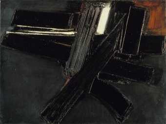 Abstract composition almost all black with a little red and white.  Heavy brushstrokes