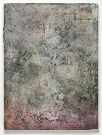 An abstract composition on a paper support.  Hand prints visible