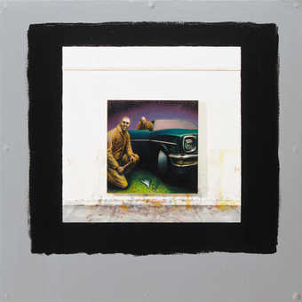 small foam core square at center of work. Painted on foam core is two men one crouching near the...