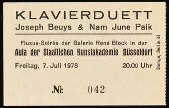 Admission ticket to a Fluxus concert with Beuys and Nam June Paik on July 7, 1978. This ticket...