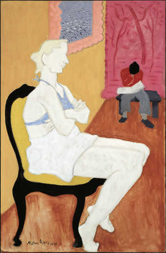 seated blonde foreground, male figure background