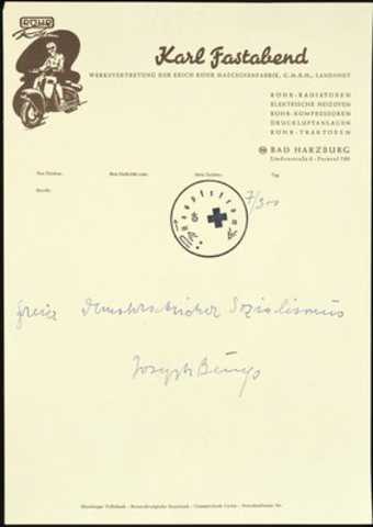 Written on old letterhead of Karl Fastabend, Beuys's colleague in the office of the...