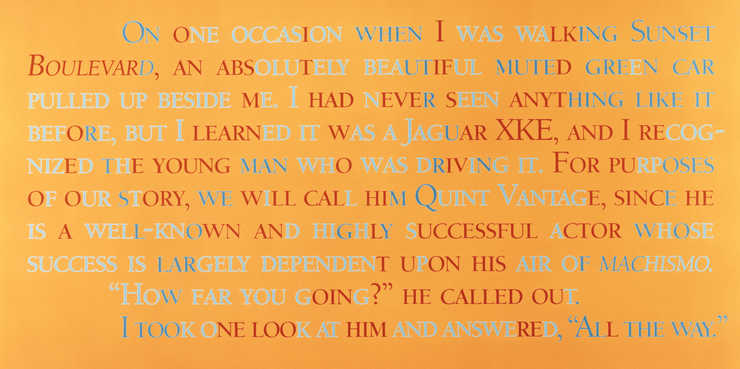 Orange background with text printed in red and shades of light blue.  Text reads:  "On one...