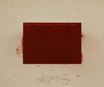 Postcard on gray cardboard, polished by Beuys with brown shoe polish, originated from postcard...