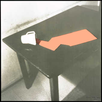 black and white offset lithograph with red printed over image of spilt liquid