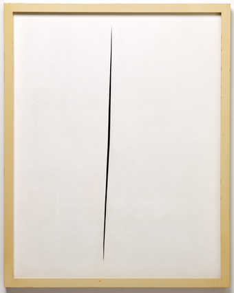 a white painting with a long, narrow, vertical slash.