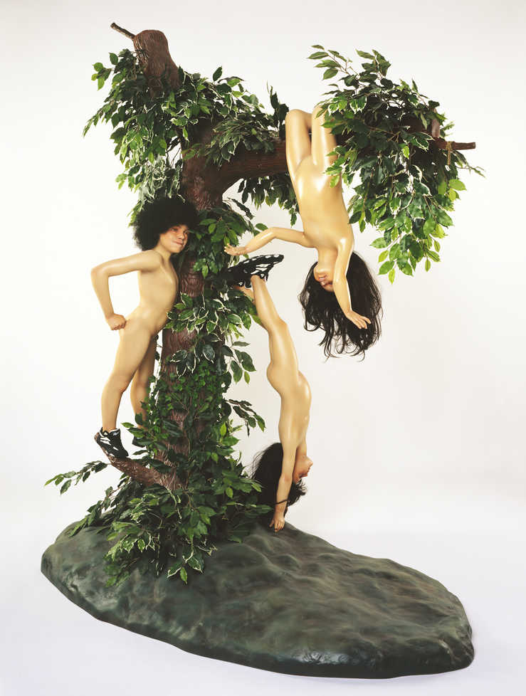 three children playing on tree; references Goya's Disasters of War etchings