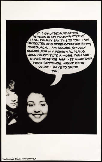 A repeated black-and-white image of two women with an added dialog balloon by the artist. ...