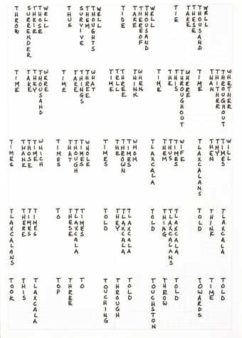 Variations of words in a phrase, drawn on graph paper.