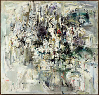 Abstract composition.  Layers of short gestural brushstrokes concentrated in the center of the...