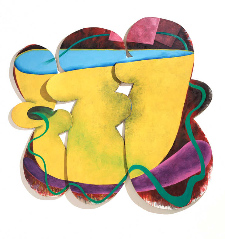 Three canvases each roughly shaped like two figure eights, Larget one vertical and smaller one...