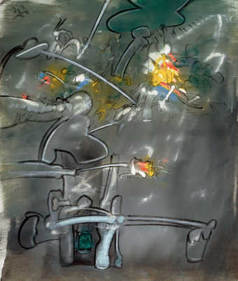 grey field with darker grey oulines forming biomorphic forms.  Some of the forms have been...