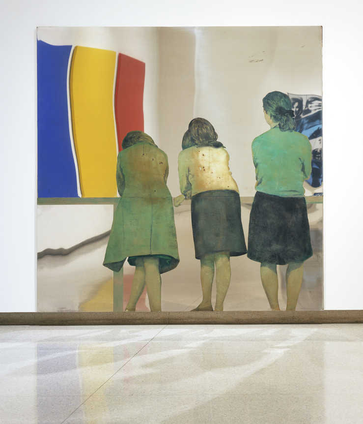 An image of the backs of three woman leaning on the rail of a balcony, mounted on to a polished...