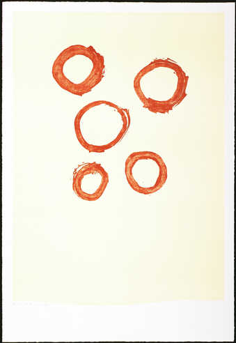 A lithograph for one stone and one aluminum plate printed in red-brown and light yellow. ...