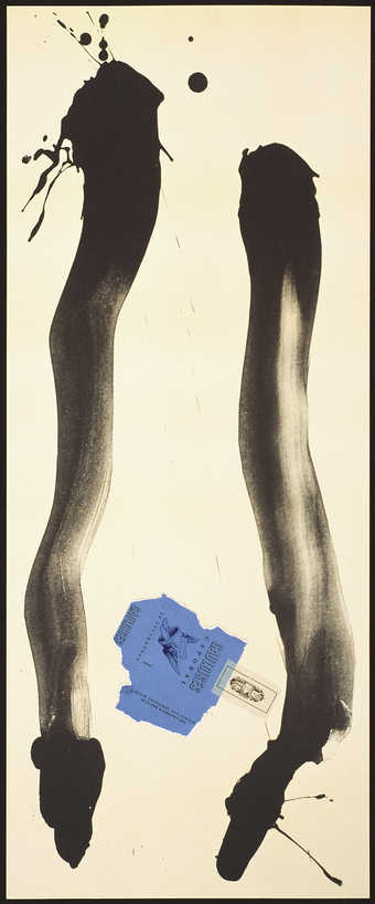 Collotype printed in black; collage.  The collage element is a four color photo offset of a...