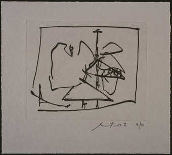 Lift-ground etching and aquatint from one copper plate printed in black.  The image is identical...