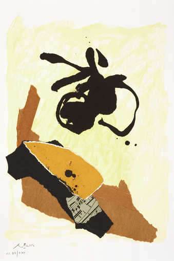 A lithograph from three aluminum plates printed in two ochres and black; collage.  The collage...