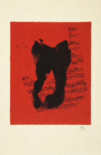 A lithograph from two aluminum paltes printed in black on handmade red Moriki paper.  This...