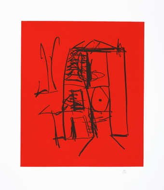 An aquatint from one copper plate printed in red; line etching from one copper plate printed in...