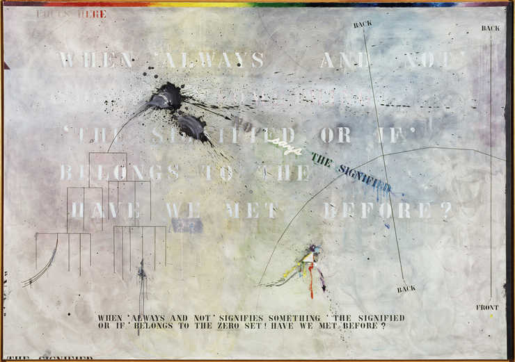 Background composed of washes of violet, green, and blue.  From Upper to Mid dle in white running...