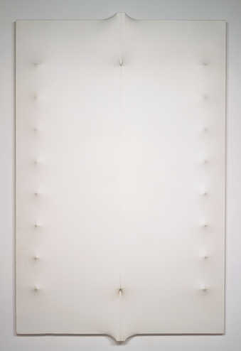 solid color with forms on stretcher that cause indentations and protrusions on the surface