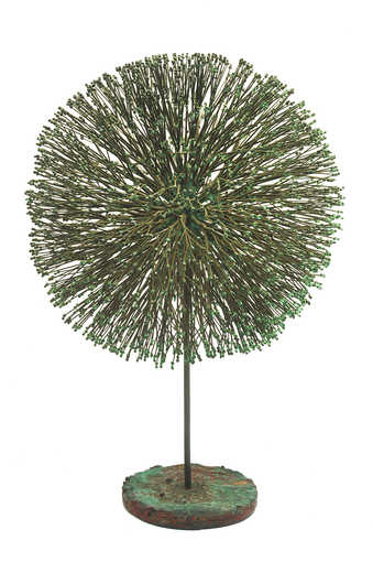 A bronze sculpture, constructed of bronze rods in a form similar to a dandellion seed head
