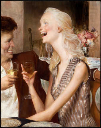 An image of a woman with an elongated neck and a man drinking wine in a restaurant.