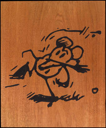 in black outline a cartoon like mouse standing on its hind legs waving its arm. On unfinished...