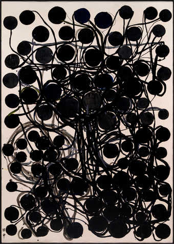 Painting has a white ground with black discs that are connected by vine-like lines.  Areas of...