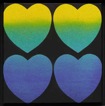 four heart shapes on a small square canvas arranged in two rows of two.  The hearts in the top...