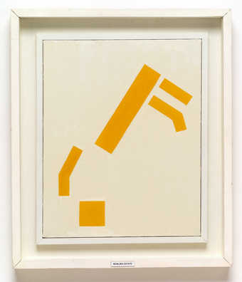 White field with ochre colored shapes.  Brushstrokes visible. Canvas wrapped with wood strips and...