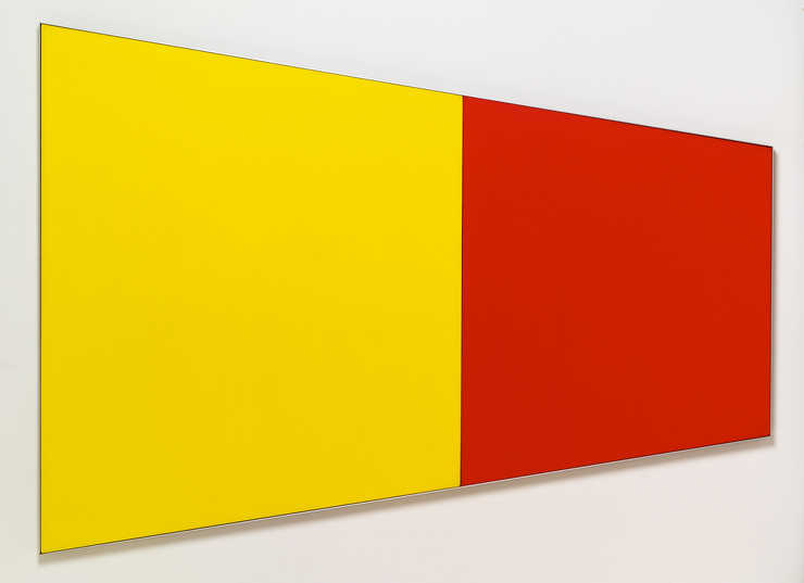 two canvases attached and framed as one.  Left canvas is yellow and right is red/orange.  Left...