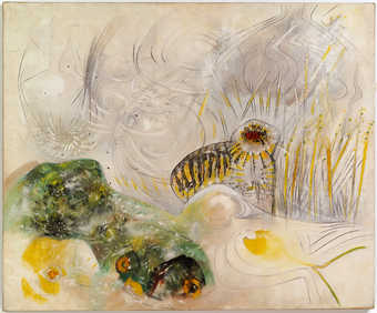 stylized depiction of an earless striped cat surrounded by abstract forms