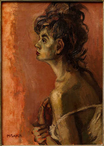 profile view of torso of a woman. she is wearing a slip and the shoulder strap has come off of...